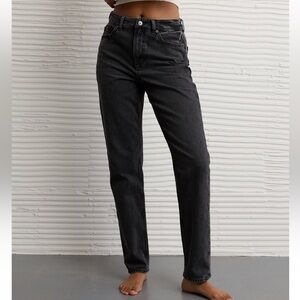 American Eagle - Black Stretch High Waisted Distressed Bottom Straight Leg Jeans